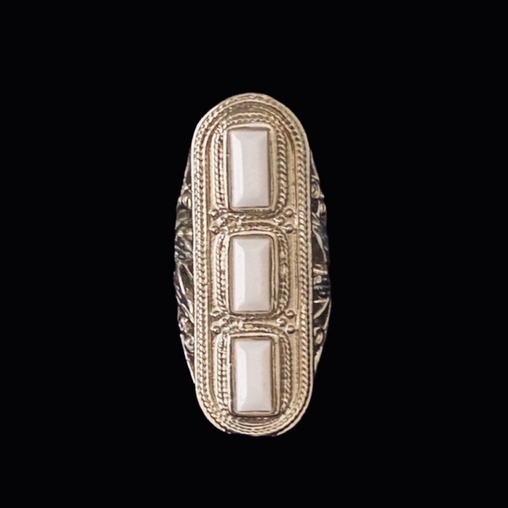 BeBe Silver with White Stones Ornate Ring Size 7